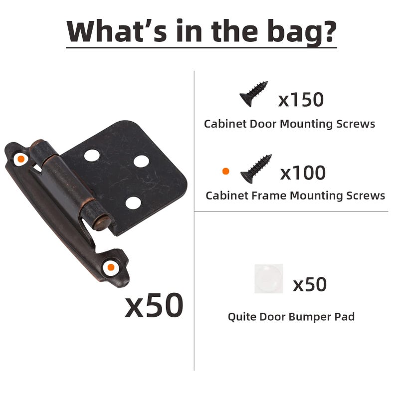 Decobasics Oil Rubbed Bronze Cabinet Hinges for Kitchen Cabinets (10 Pair -20 Pcs) -1/2" Overlay -Self Closing Cabinet Hinges Flush Mount w/Cupboard Silicon Bumpers & Upgraded Screws - Image 3